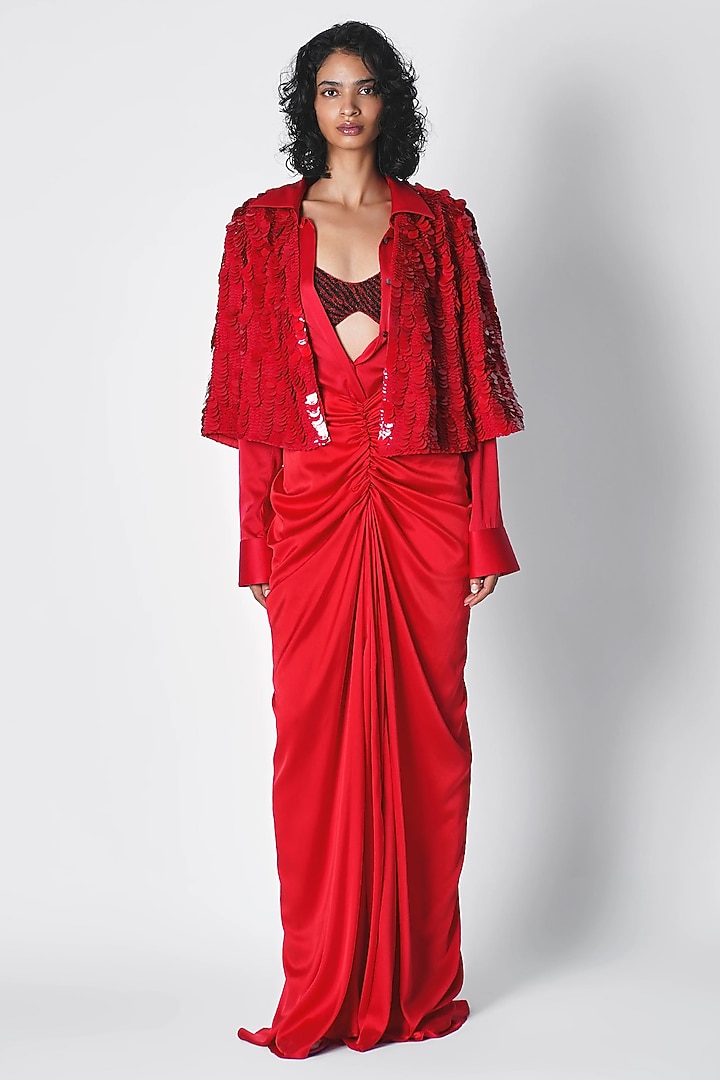 Red Silk Sequins Embroidered Cape by 431-88 By Shweta Kapur at Pernia's Pop Up Shop
