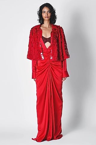 Red Silk Sequins Embroidered Cape by 431-88 By Shweta Kapur
