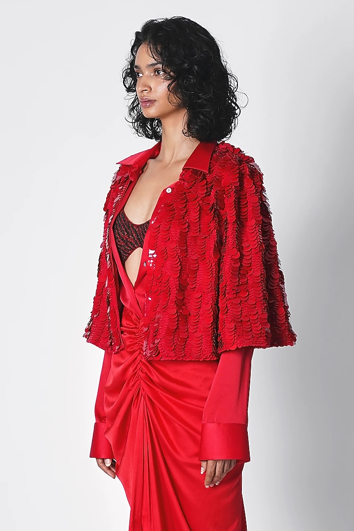 Red Silk Sequins Embroidered Cape by 431-88 By Shweta Kapur at Pernia's Pop Up Shop