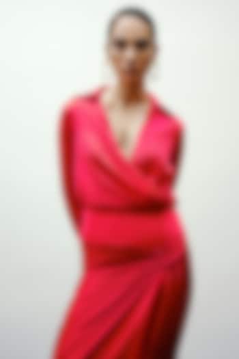 Red Satin Silk Draped Shirt by 431-88 By Shweta Kapur at Pernia's Pop Up Shop