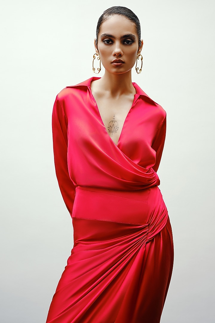 Red Satin Silk Draped Shirt by 431-88 By Shweta Kapur at Pernia's Pop Up Shop