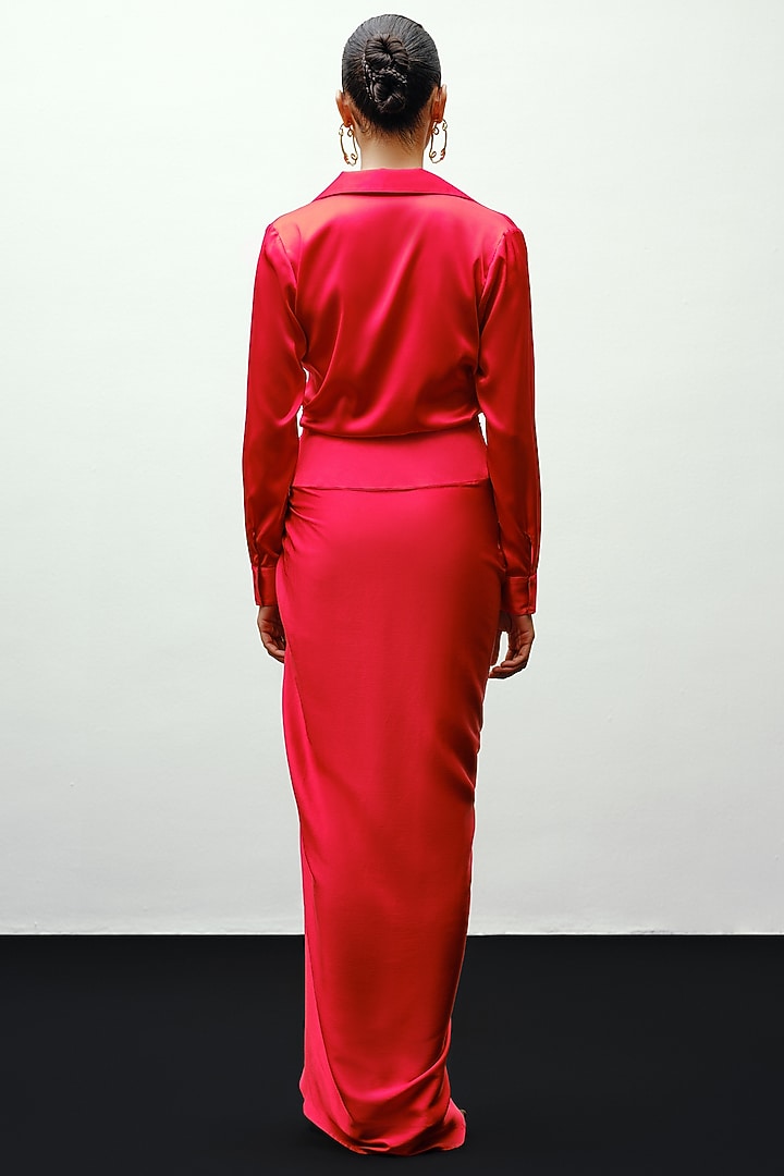 Red Satin Silk Draped Shirt by 431-88 By Shweta Kapur at Pernia's Pop Up Shop