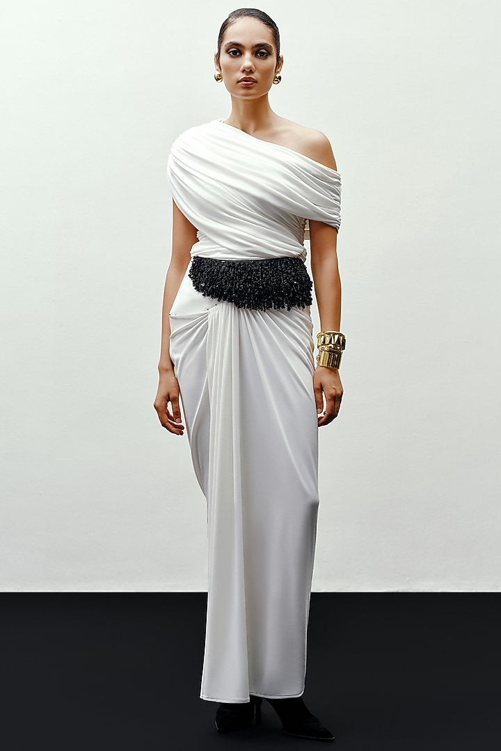 White Jersey Drape Top by 431-88 By Shweta Kapur at Pernia's Pop Up Shop