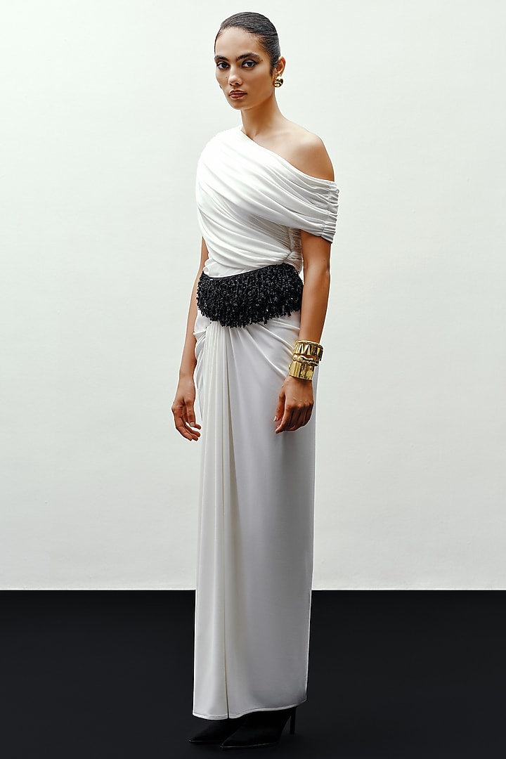 White Jersey Drape Top by 431-88 By Shweta Kapur at Pernia's Pop Up Shop