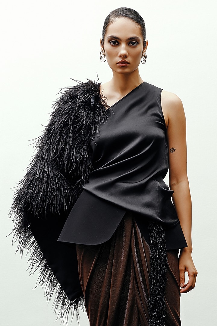 Black Satin Silk Knotted Drape Top by 431-88 By Shweta Kapur at Pernia's Pop Up Shop