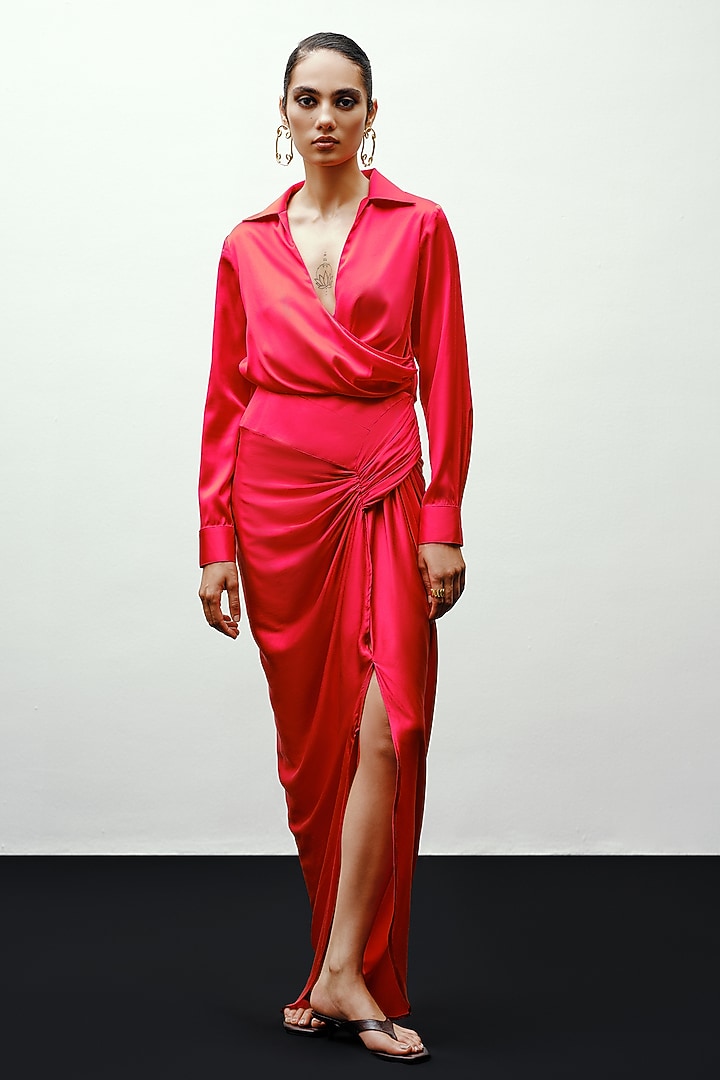 Red Satin Silk Draped Skirt by 431-88 By Shweta Kapur at Pernia's Pop Up Shop