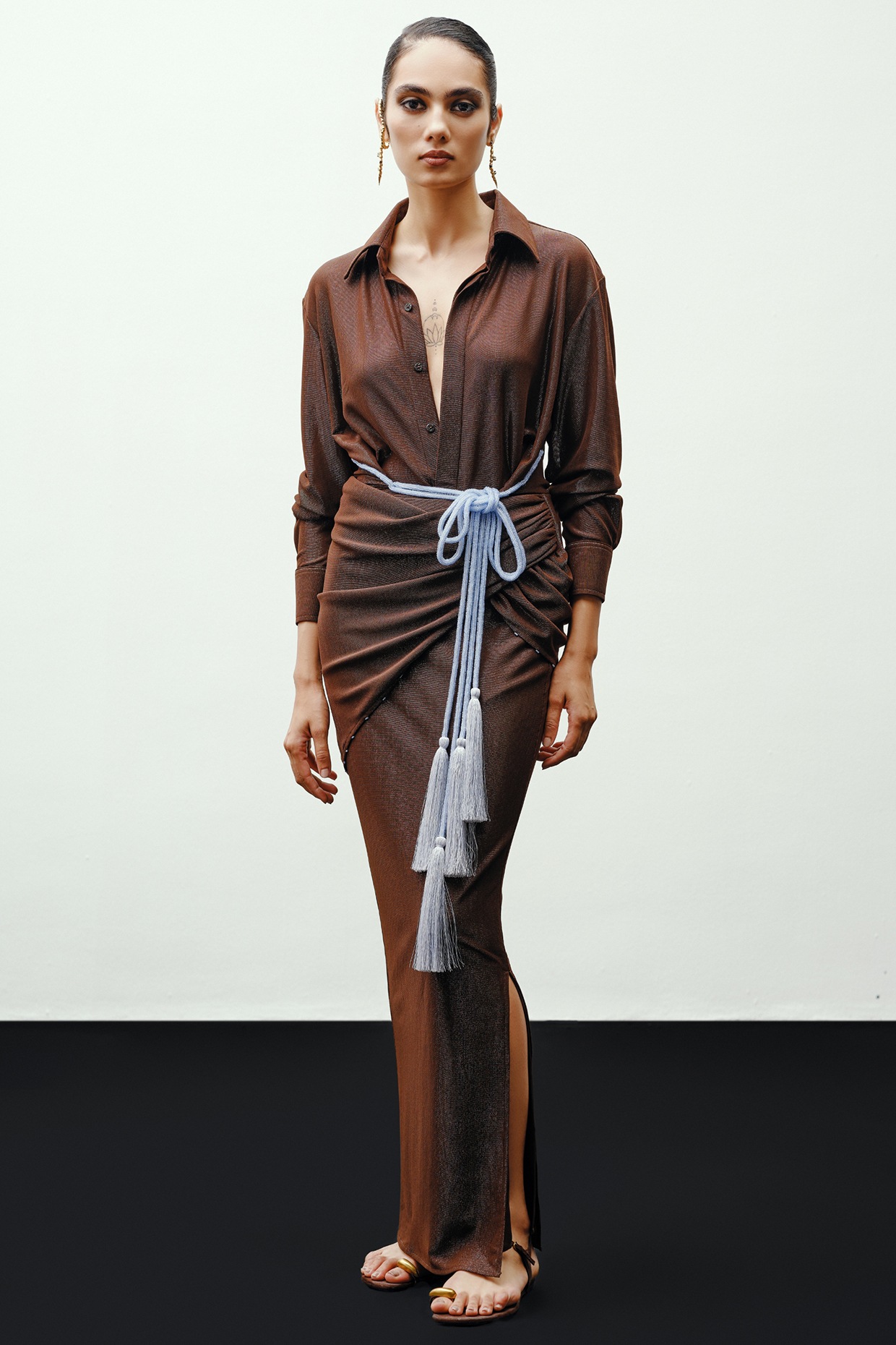 431-88 By Shweta Kapur Brown Jersey Draped Skirt
