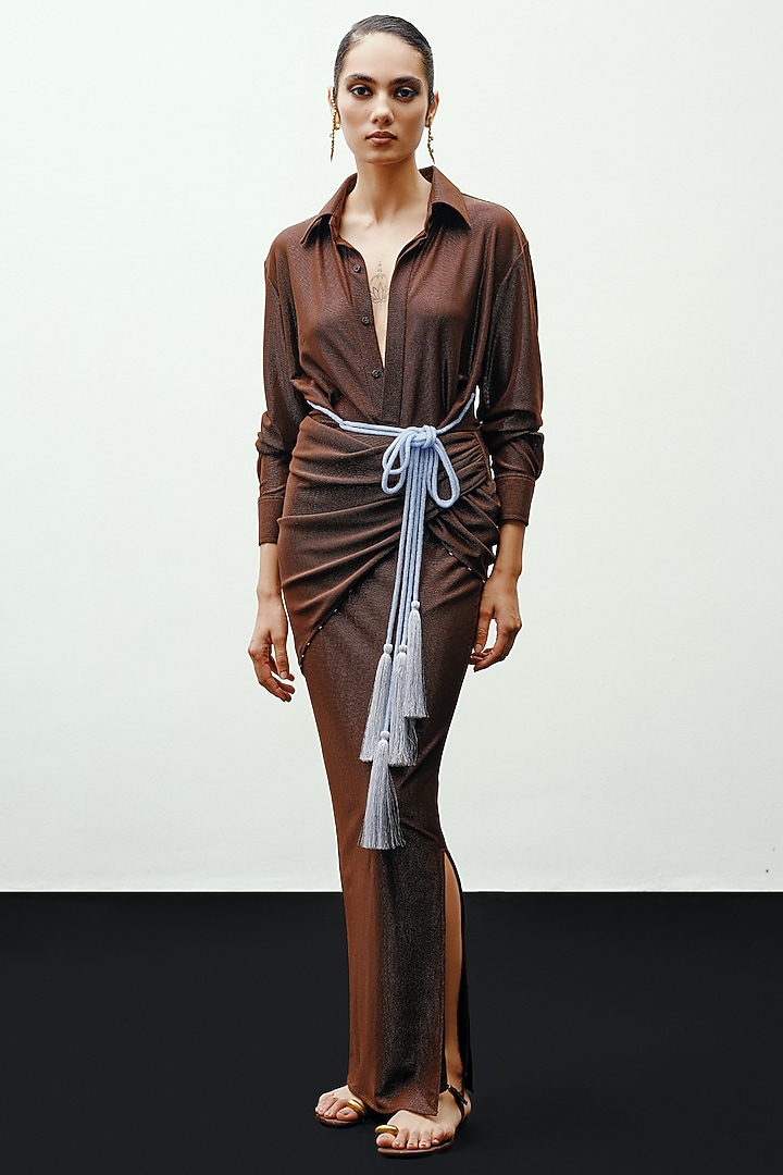 Brown Jersey Draped Skirt by 431-88 By Shweta Kapur at Pernia's Pop Up Shop