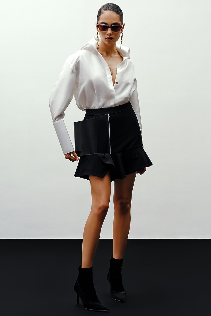 Black Crepe & Leather Panel Mini Skirt by 431-88 By Shweta Kapur at Pernia's Pop Up Shop