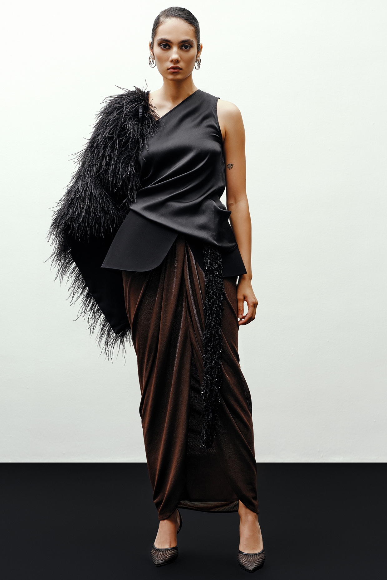 431-88 By Shweta Kapur Black & Brown Jersey Draped Skirt