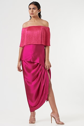 Fuchsia Satin Draped Skirt by 431-88 By Shweta Kapur