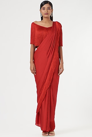 Red Satin Pre-Draped Saree by 431-88 By Shweta Kapur