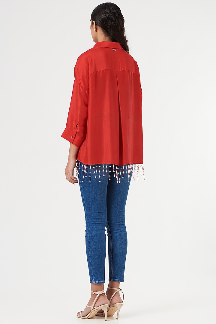 Red Silk Pearl Drop Shirt by 431-88 By Shweta Kapur at Pernia's Pop Up Shop