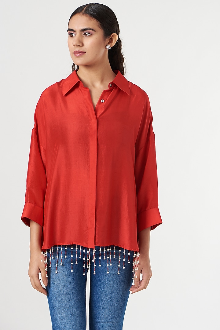 Red Silk Pearl Drop Shirt by 431-88 By Shweta Kapur at Pernia's Pop Up Shop