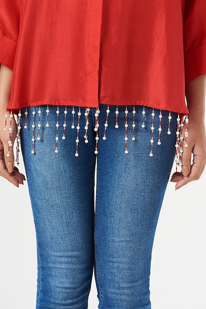 Red Silk Pearl Drop Shirt by 431-88 By Shweta Kapur at Pernia's Pop Up Shop