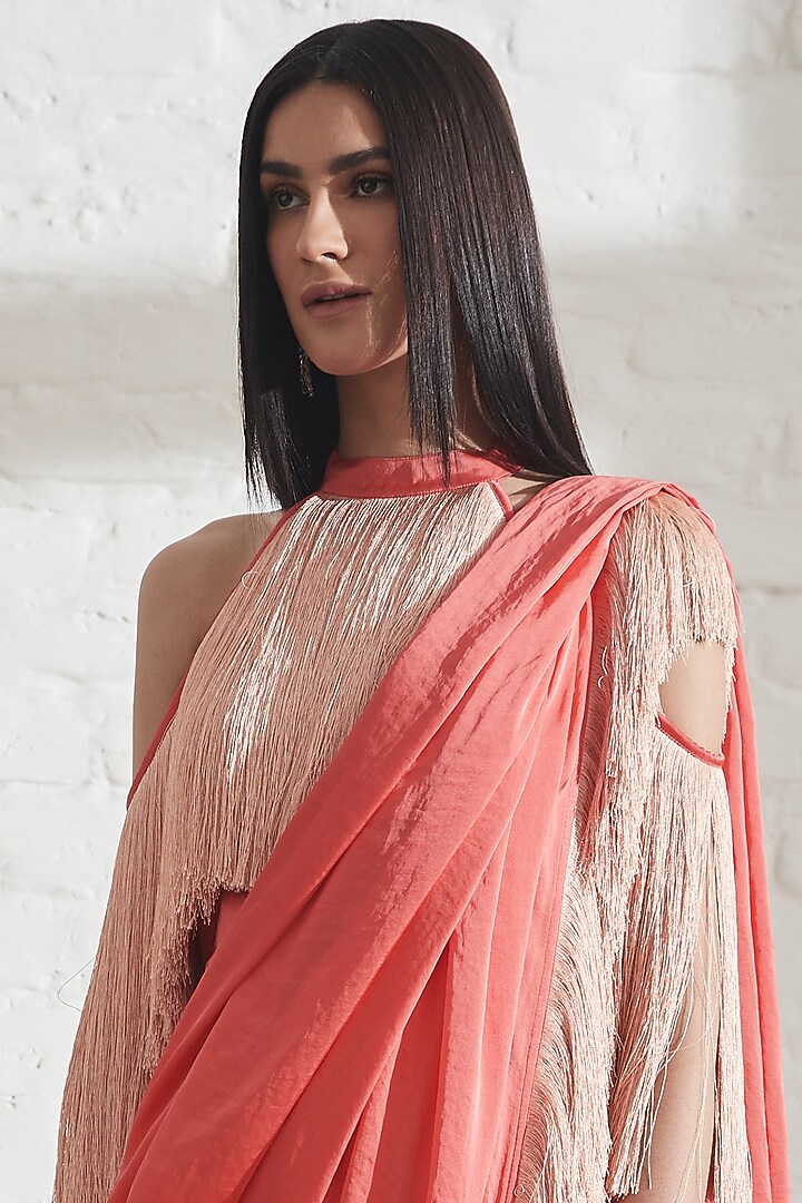 Peach Pink Pre-Draped Party Wear Saree by 431-88 By Shweta Kapur at Pernia's Pop Up Shop