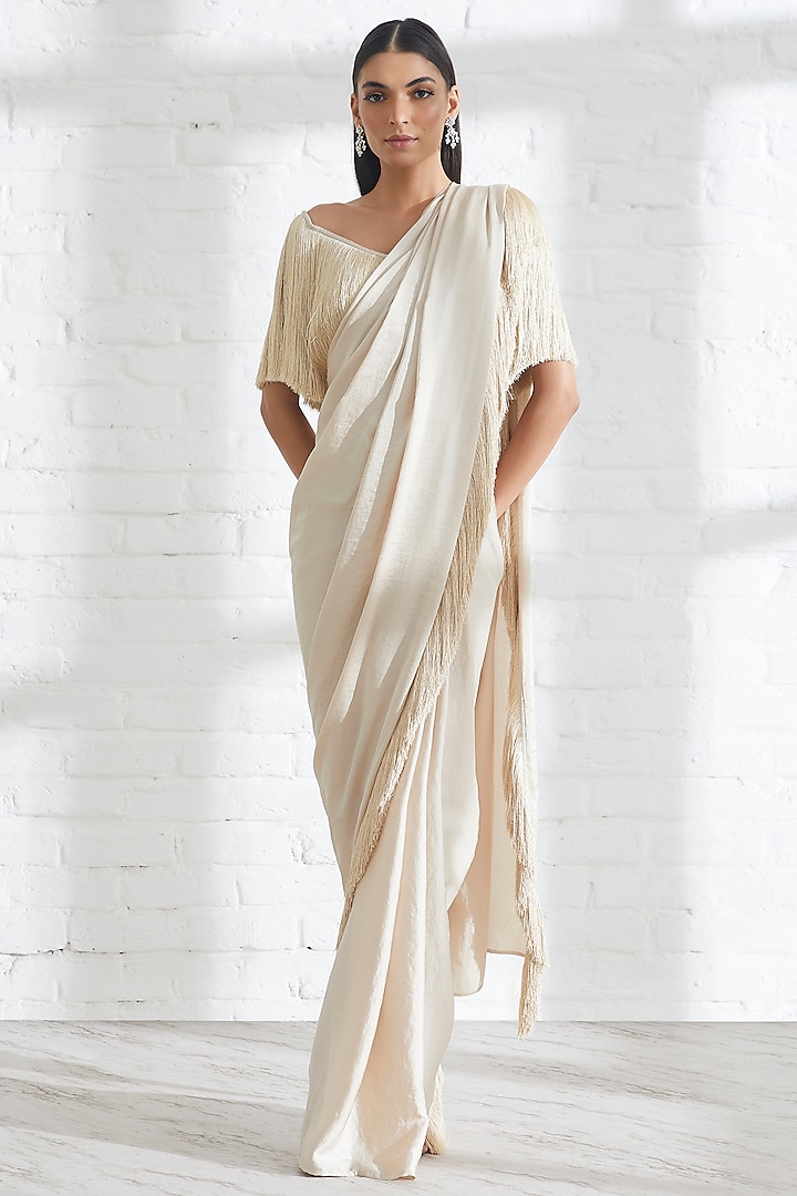 Beige Satin Pre-Draped Saree by 431-88 By Shweta Kapur at Pernia's Pop Up Shop