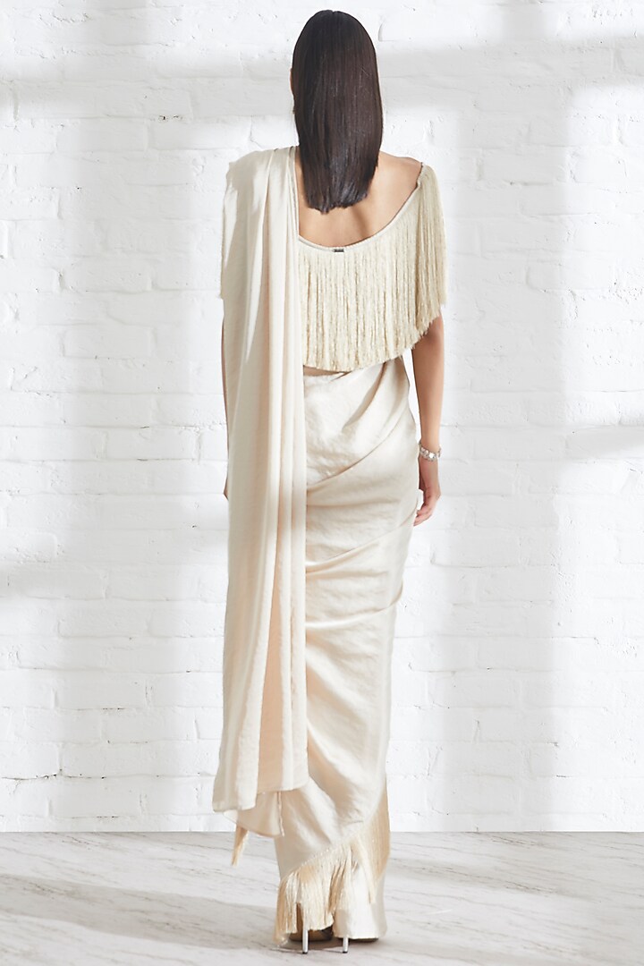 Beige Satin Pre-Draped Party Wear Saree by 431-88 By Shweta Kapur at Pernia's Pop Up Shop