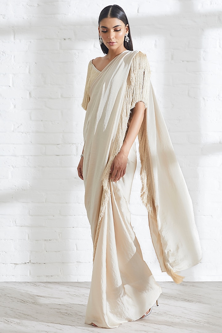 Beige Satin Pre-Draped Party Wear Saree by 431-88 By Shweta Kapur at Pernia's Pop Up Shop