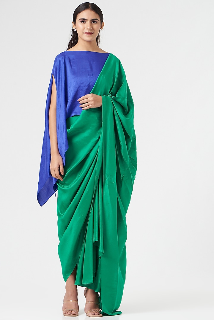 Emerald Green Silk Pre-Draped Saree Set by 431-88 By Shweta Kapur