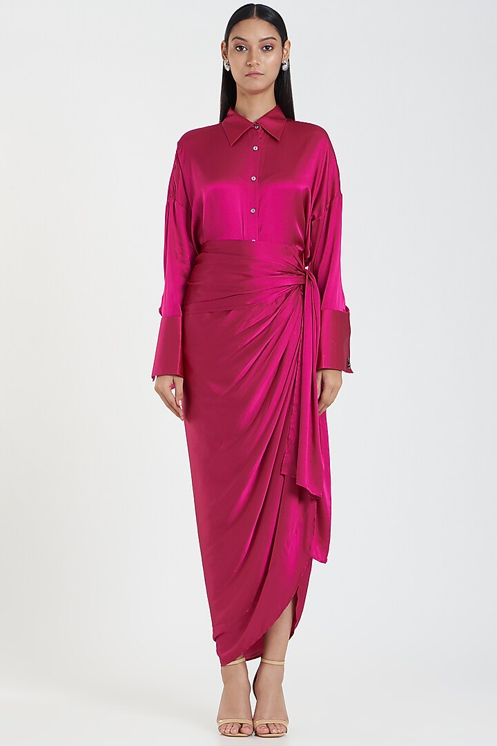 Fuchsia Shirt In Satin by 431-88 By Shweta Kapur at Pernia's Pop Up Shop