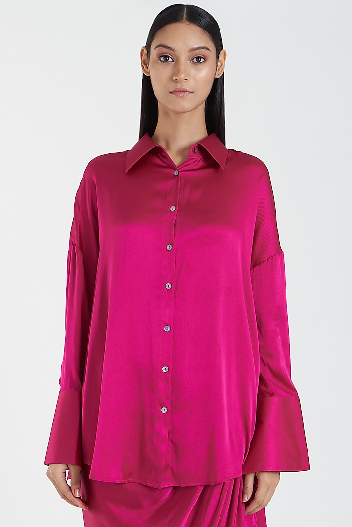 Fuchsia Shirt In Satin by 431-88 By Shweta Kapur at Pernia's Pop Up Shop