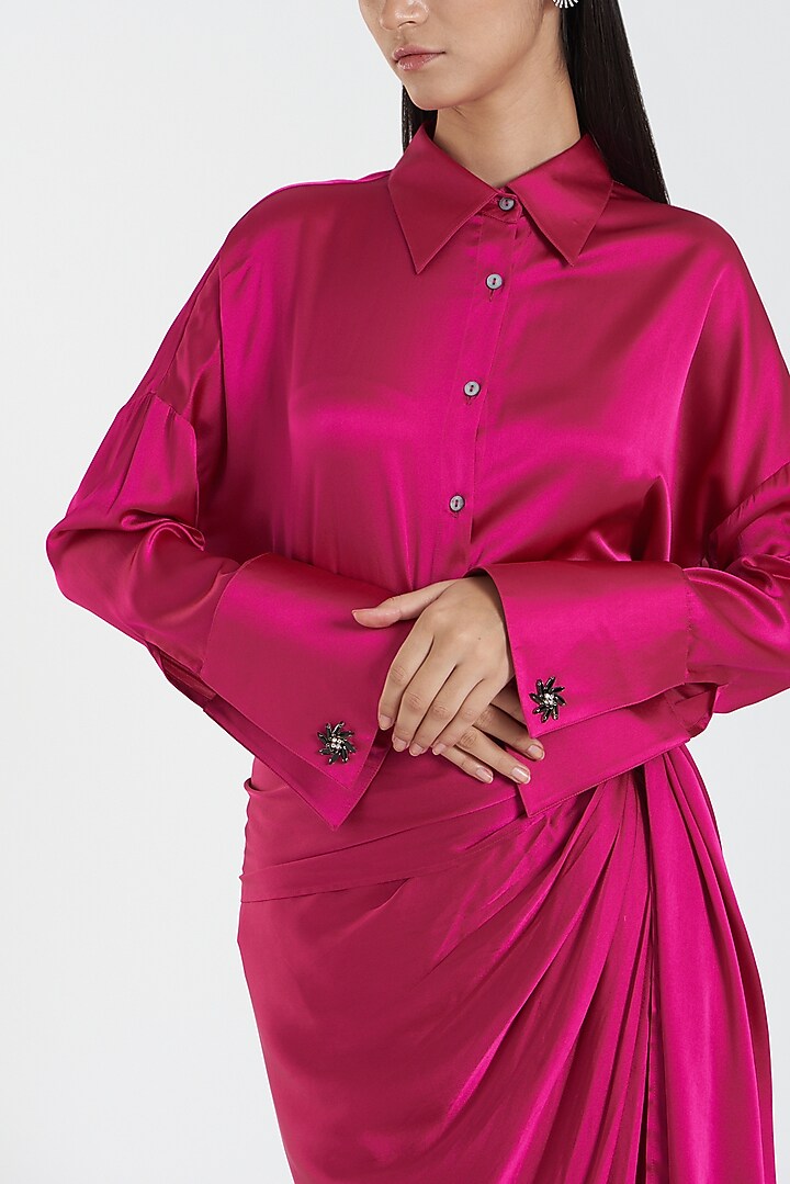 Fuchsia Shirt In Satin by 431-88 By Shweta Kapur at Pernia's Pop Up Shop