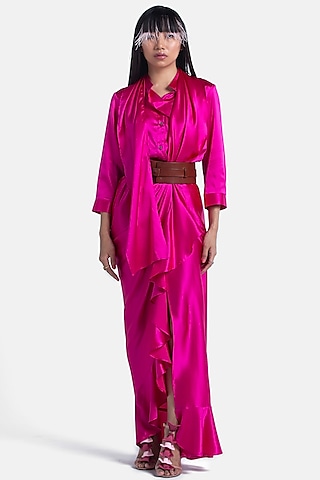 Fuchsia Silk Satin Scarf Shirt by 431-88 By Shweta Kapur