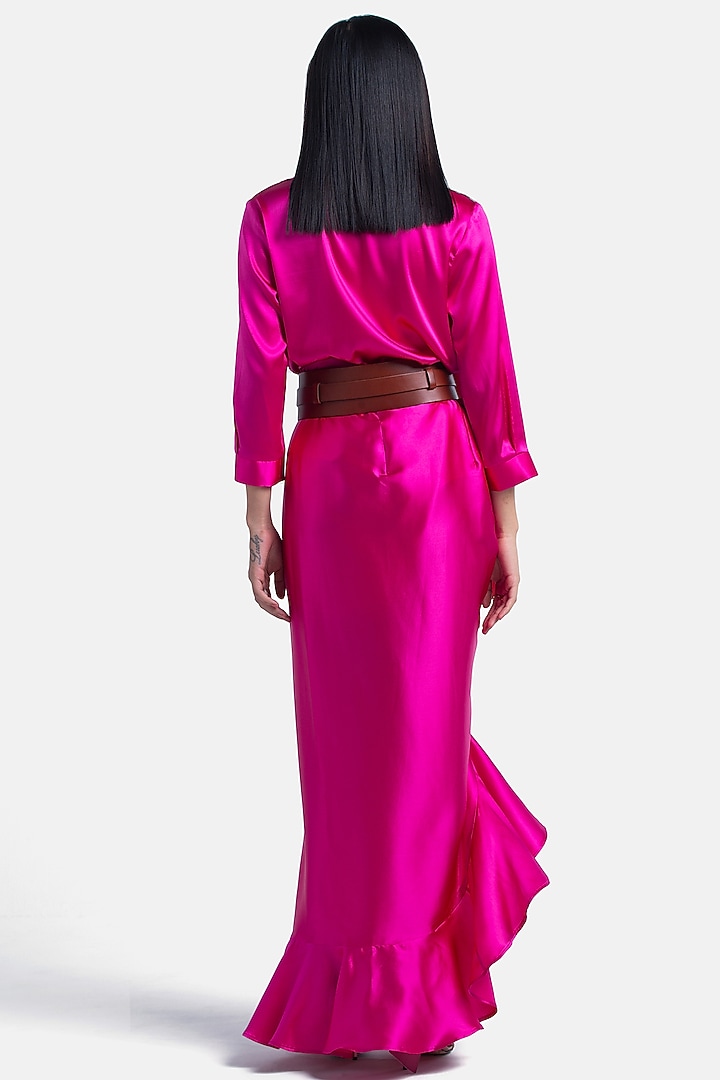 Fuchsia Silk Satin Scarf Shirt by 431-88 By Shweta Kapur at Pernia's Pop Up Shop
