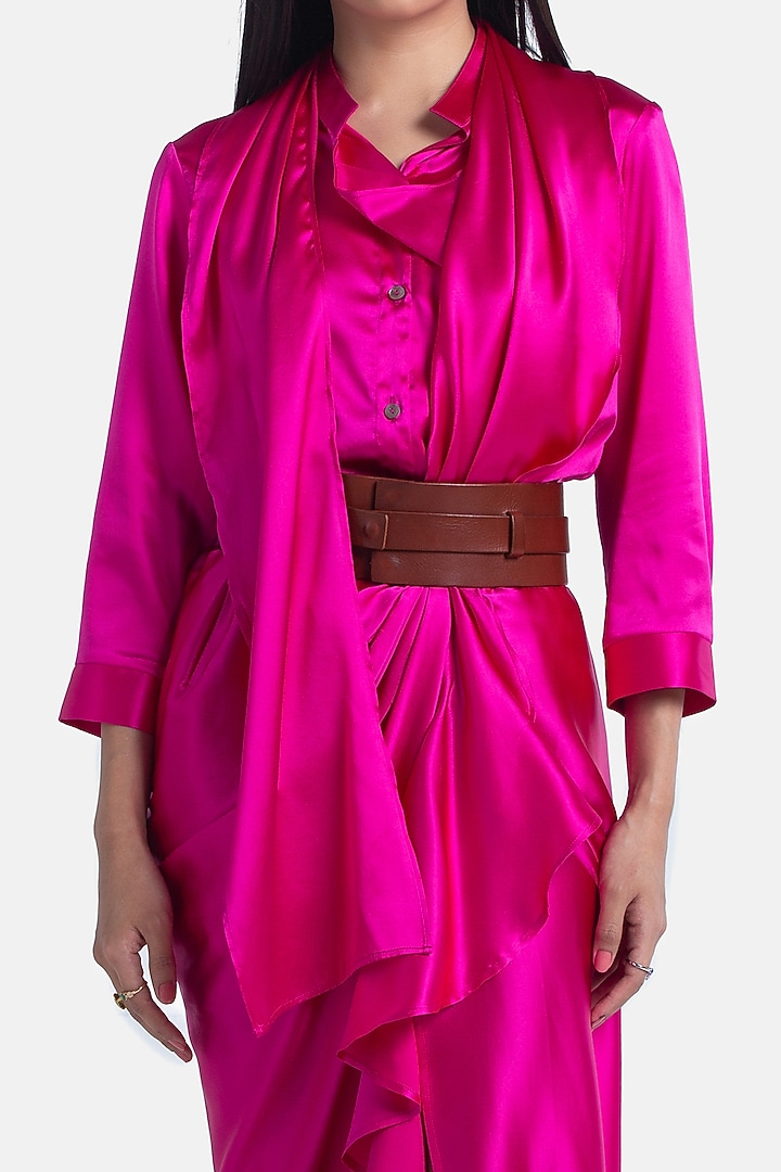Fuchsia Silk Satin Scarf Shirt by 431-88 By Shweta Kapur at Pernia's Pop Up Shop