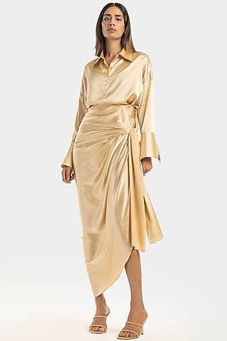 Champagne Silk Satin Shirt by 431-88 By Shweta Kapur