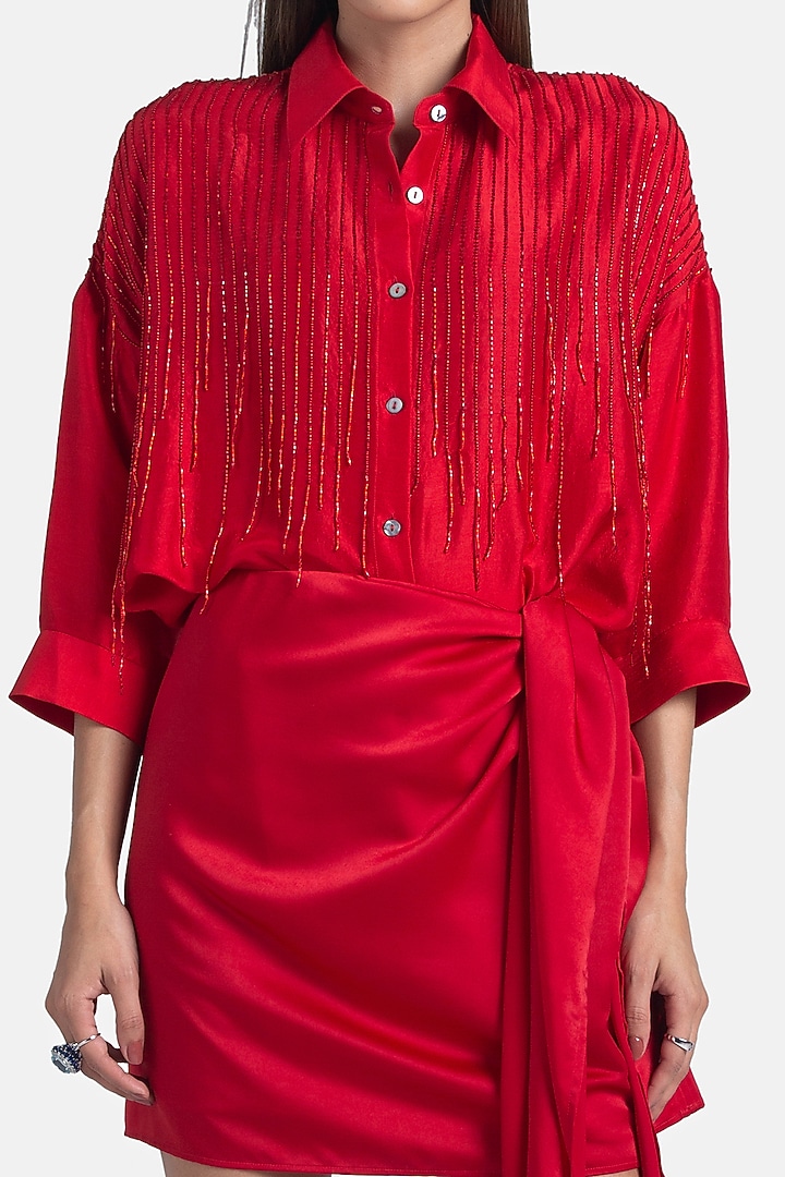 Red Silk Embroidered Shirt by 431-88 By Shweta Kapur at Pernia's Pop Up Shop