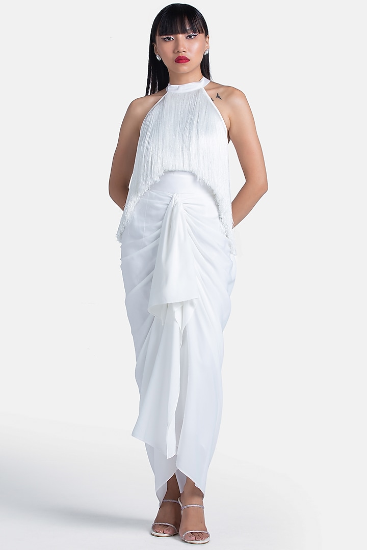 White Top With Fringes by 431-88 By Shweta Kapur at Pernia's Pop Up Shop