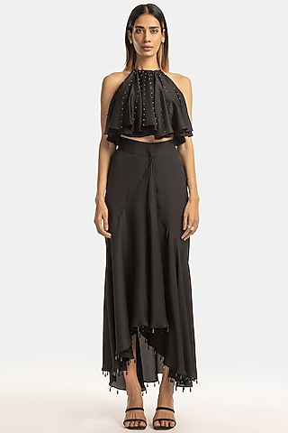 Black Satin Ruffled Top by 431-88 By Shweta Kapur