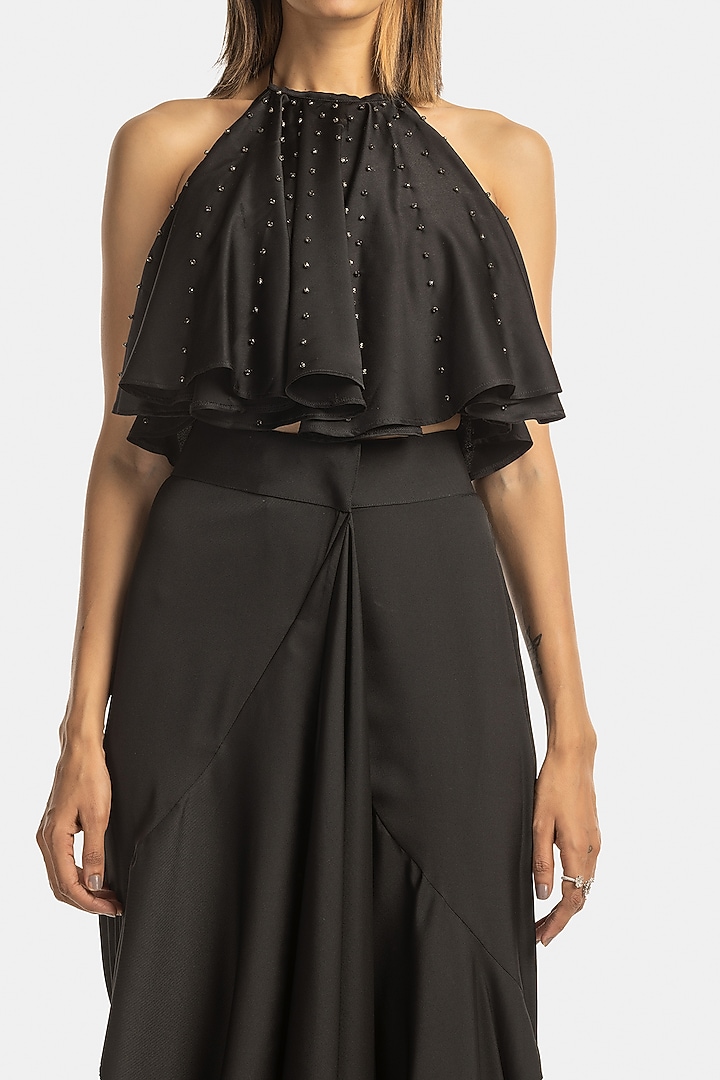 Black Satin Ruffled Top by 431-88 By Shweta Kapur at Pernia's Pop Up Shop