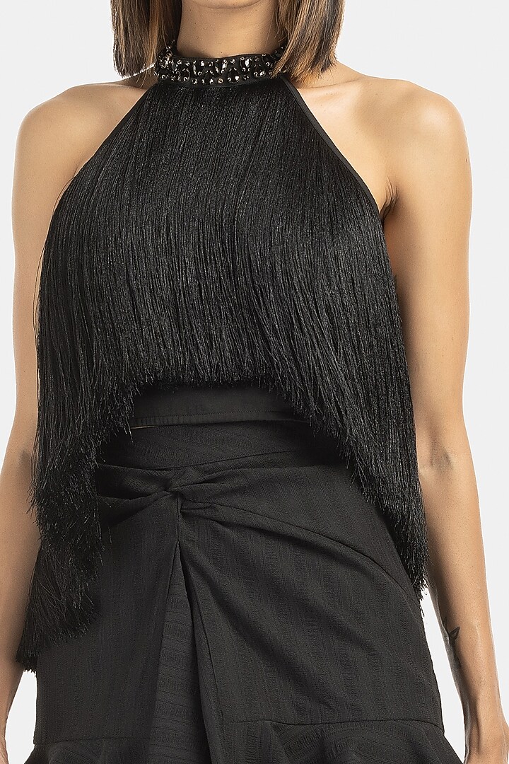 Black Fringe Embellished Top by 431-88 By Shweta Kapur at Pernia's Pop Up Shop