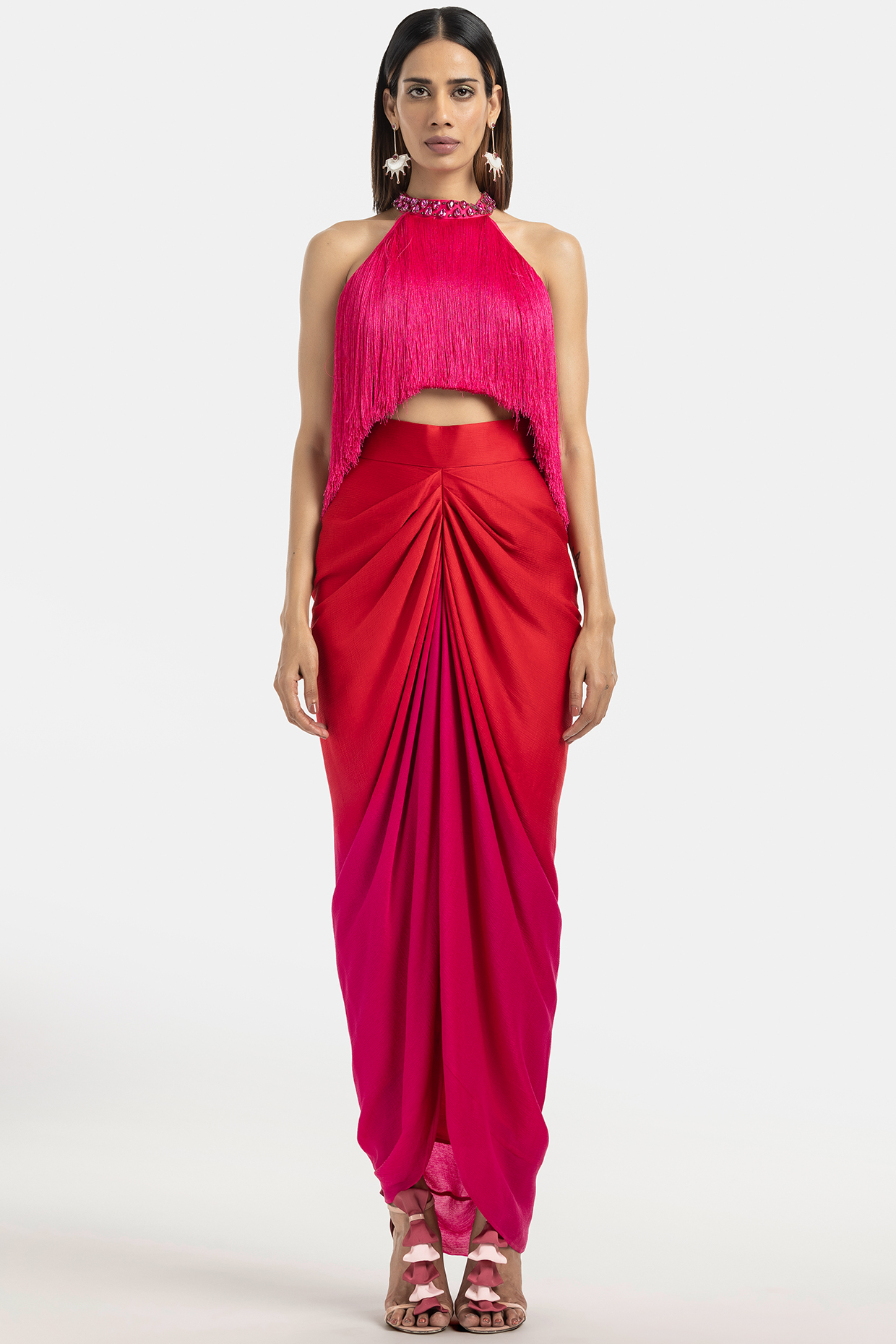 Red To Fuchsia Ombre Chiffon Straight Skirt by 431-88 By Shweta Kapur at Pernia's Pop Up Shop