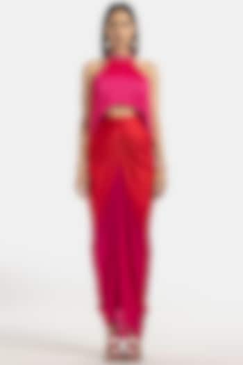 Red To Fuchsia Ombre Chiffon Straight Skirt by 431-88 By Shweta Kapur