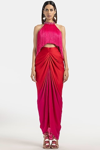 Red To Fuchsia Ombre Chiffon Straight Skirt by 431-88 By Shweta Kapur