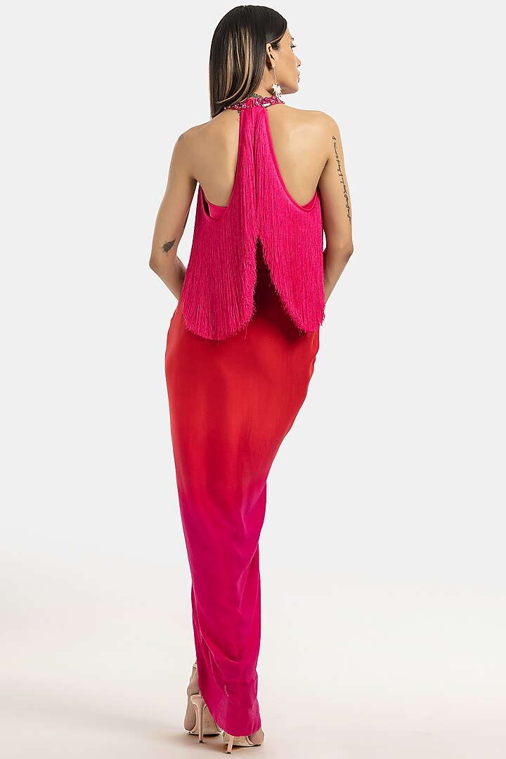 Red To Fuchsia Ombre Chiffon Straight Skirt by 431-88 By Shweta Kapur at Pernia's Pop Up Shop