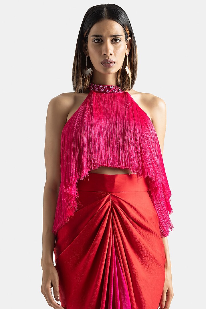 Red To Fuchsia Ombre Chiffon Straight Skirt by 431-88 By Shweta Kapur at Pernia's Pop Up Shop
