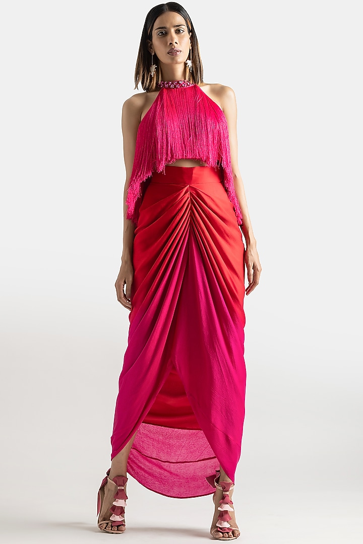 Red To Fuchsia Ombre Chiffon Straight Skirt by 431-88 By Shweta Kapur at Pernia's Pop Up Shop