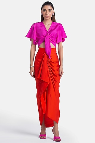 Orange Satin Sheen Draped Pencil Skirt by 431-88 By Shweta Kapur
