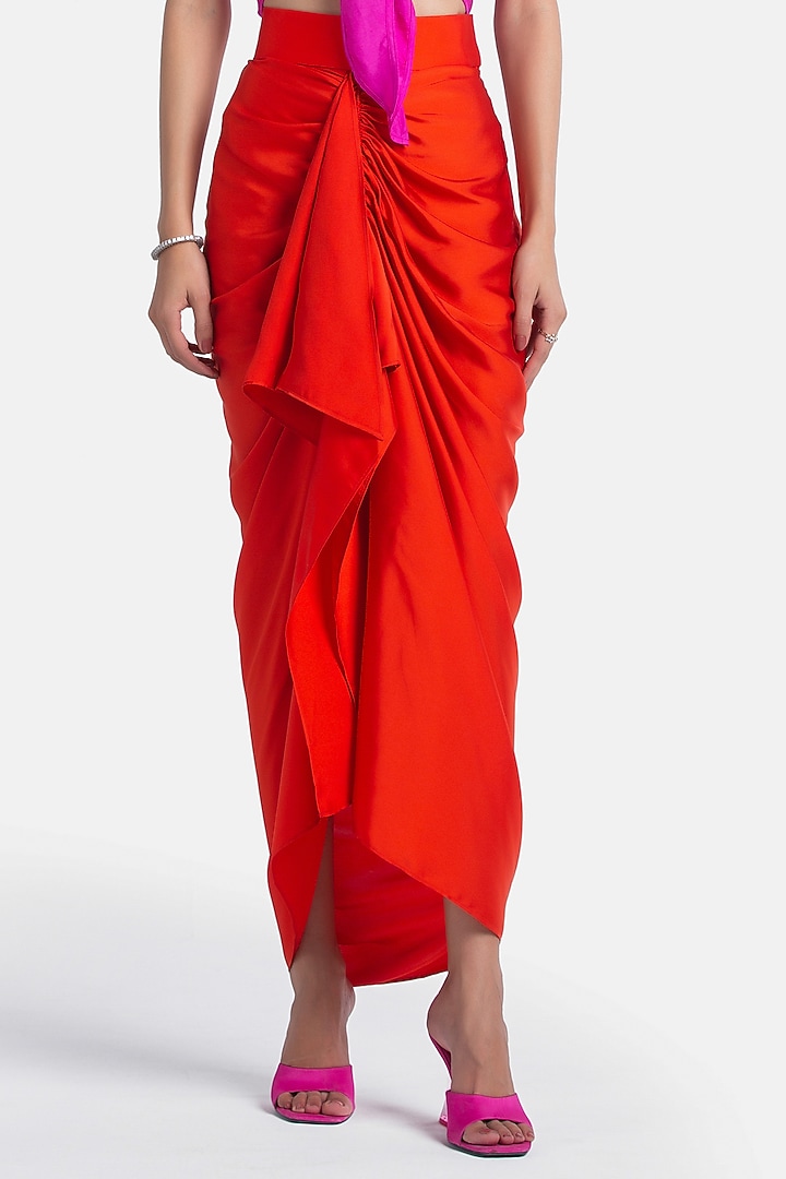 Orange Satin Sheen Draped Pencil Skirt by 431-88 By Shweta Kapur at Pernia's Pop Up Shop