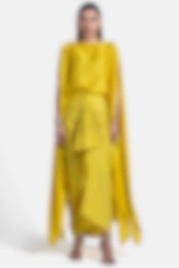 Lemon Satin Sheen Draped Pencil Skirt by 431-88 By Shweta Kapur