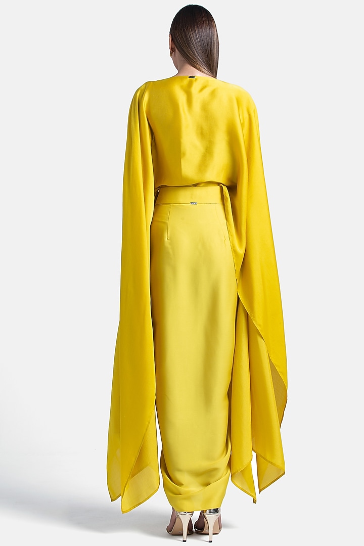 Lemon Satin Sheen Draped Pencil Skirt by 431-88 By Shweta Kapur at Pernia's Pop Up Shop
