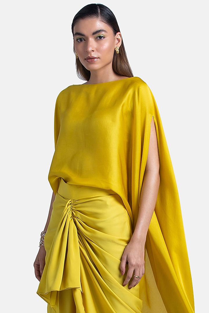 Lemon Satin Sheen Draped Pencil Skirt by 431-88 By Shweta Kapur at Pernia's Pop Up Shop