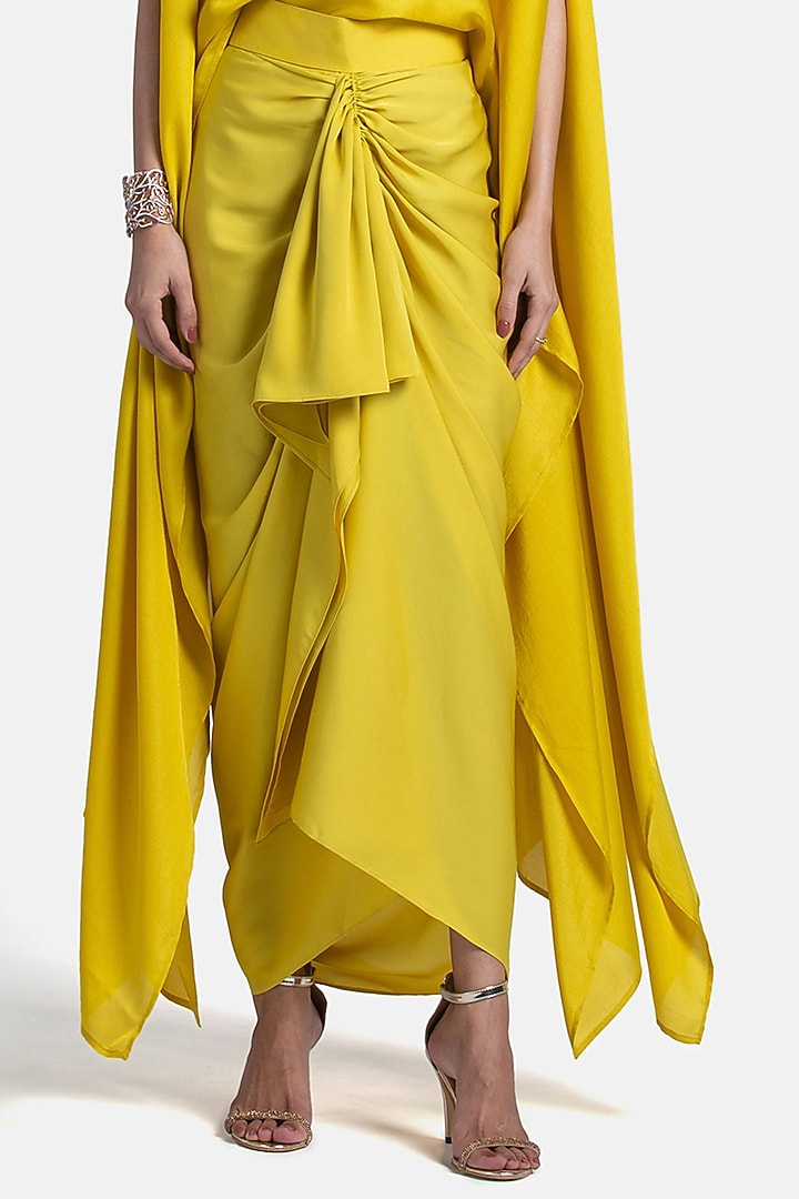 Lemon Satin Sheen Draped Pencil Skirt by 431-88 By Shweta Kapur at Pernia's Pop Up Shop