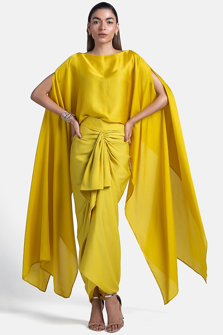 Lemon Satin Sheen Draped Pencil Skirt by 431-88 By Shweta Kapur at Pernia's Pop Up Shop