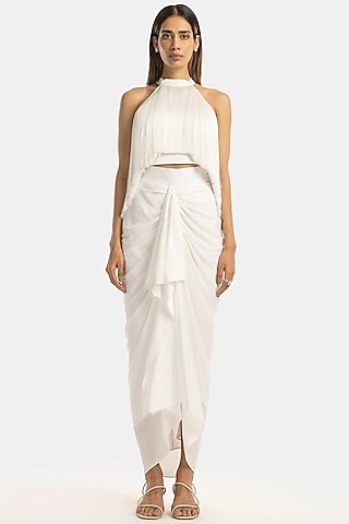 White Satin Sheen Draped Pencil Skirt by 431-88 By Shweta Kapur
